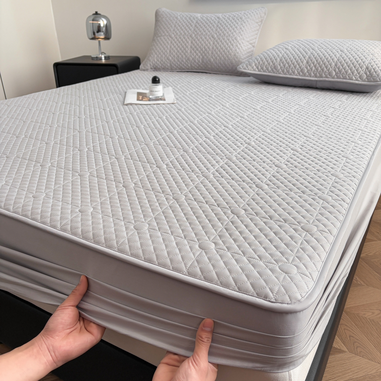 91家纺网 家纺一手货源 找家纺 居眠 2026新款全棉夹棉棋盘格床笠 棋盘格-星灰