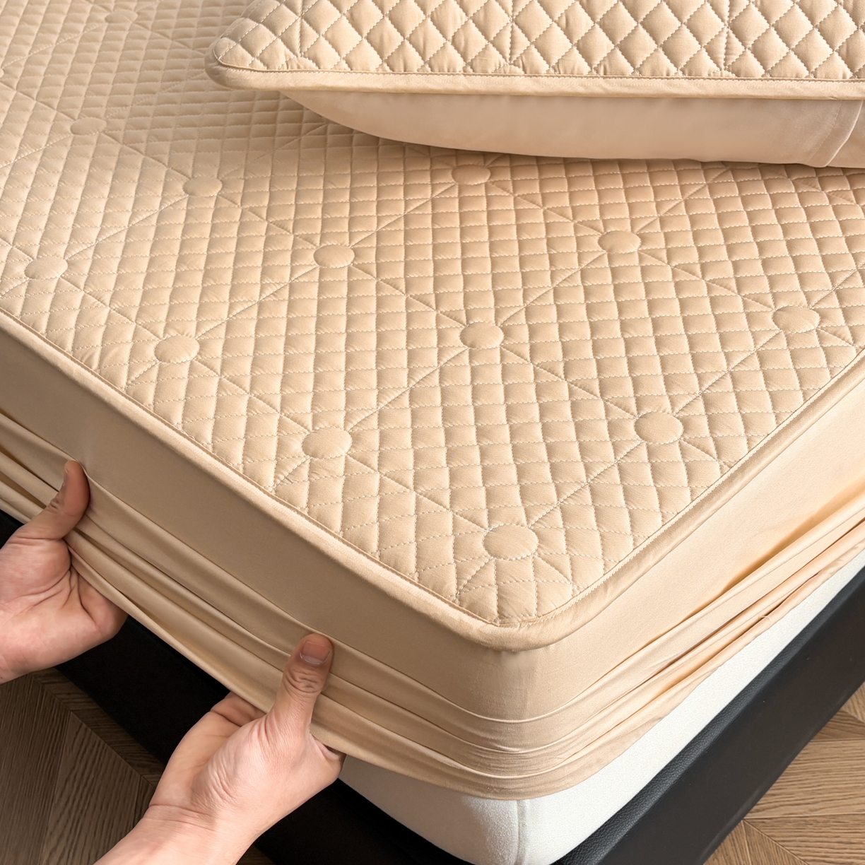 91家纺网 家纺一手货源 找家纺 居眠 2026新款全棉夹棉棋盘格床笠 棋盘格-卡其