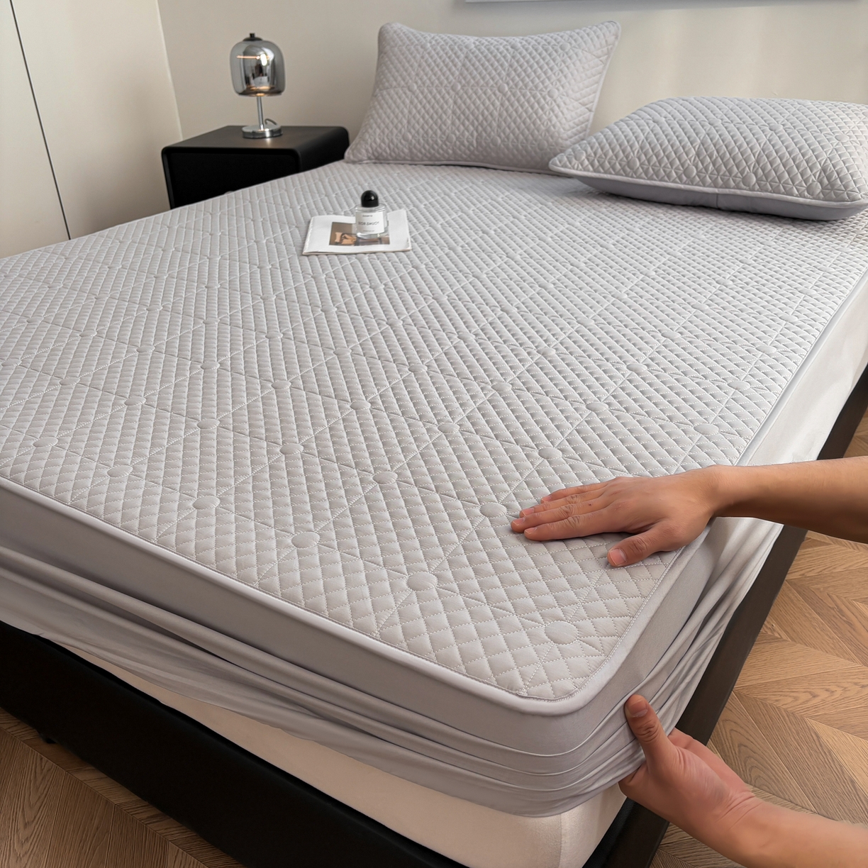 91家纺网 家纺一手货源 找家纺 居眠 2026新款全棉夹棉棋盘格床笠 棋盘格-星灰