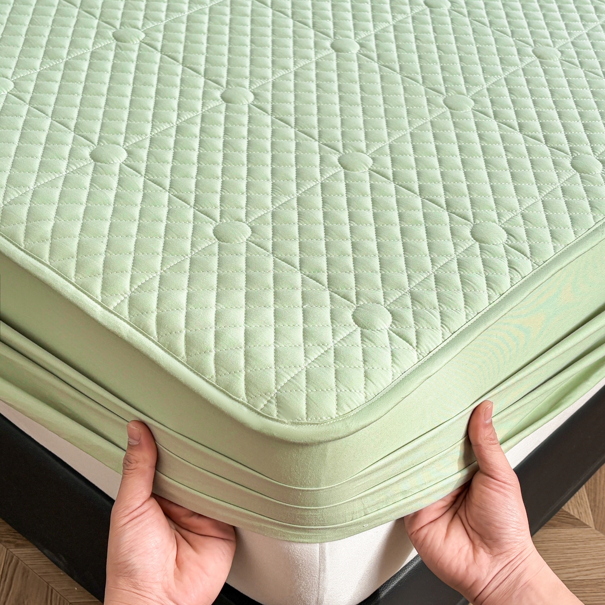 91家纺网 家纺一手货源 找家纺 居眠 2026新款全棉夹棉棋盘格床笠 棋盘格-果绿