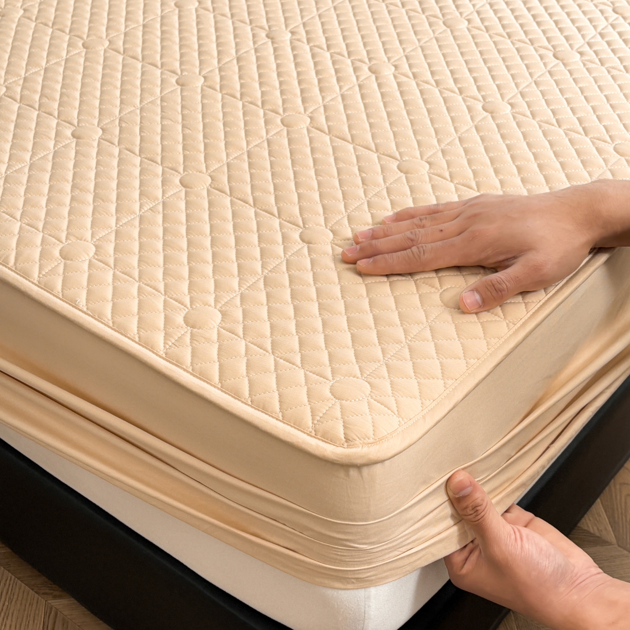 91家纺网 家纺一手货源 找家纺 居眠 2026新款全棉夹棉棋盘格床笠 棋盘格-卡其