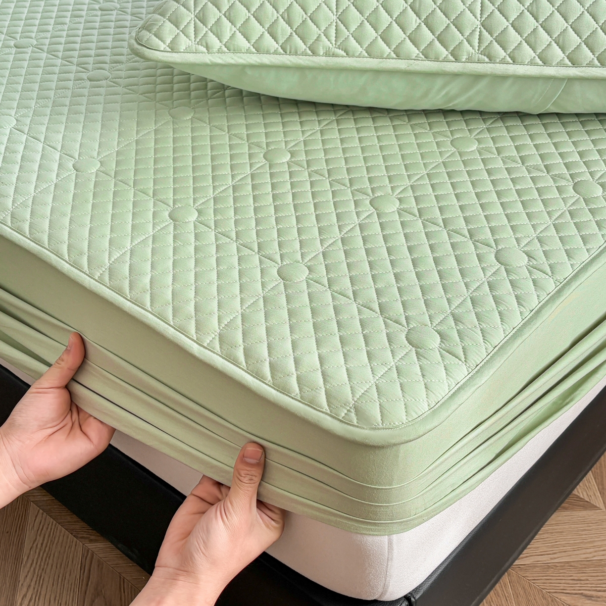 91家纺网 家纺一手货源 找家纺 居眠 2026新款全棉夹棉棋盘格床笠 棋盘格-果绿