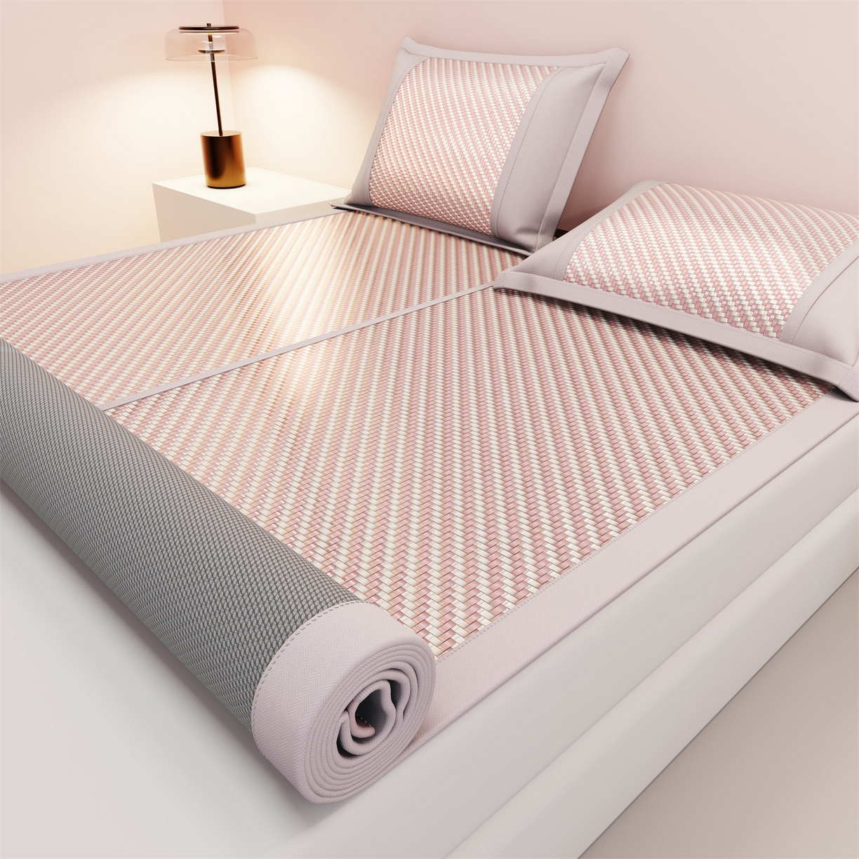 91家纺网 家纺一手货源 找家纺 鑫姿席业 夏季高端凉席竹席2026新款pe藤席a类母婴级1.8m空调软席子可水洗-青岚织梦系列 青岚织梦-粉