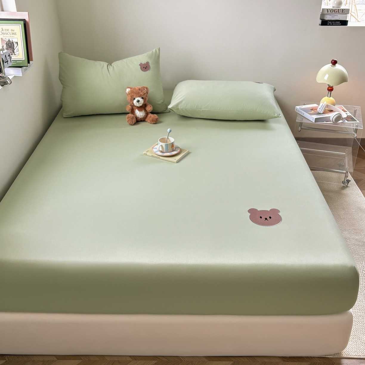 91家纺网 家纺一手货源 找家纺 居眠 2026新款全棉单层米乐熊床笠 米乐熊-绿色