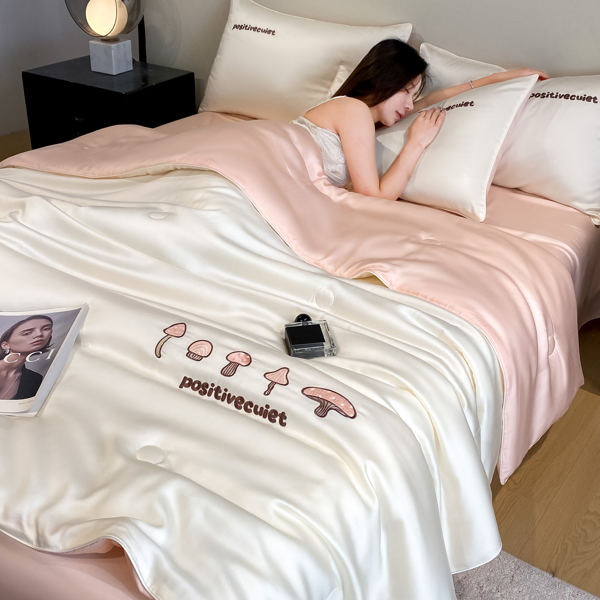 云棉坊 2026新款水洗真丝滚边刺绣款-蘑菇系列 蘑菇-奶昔白+奶油粉