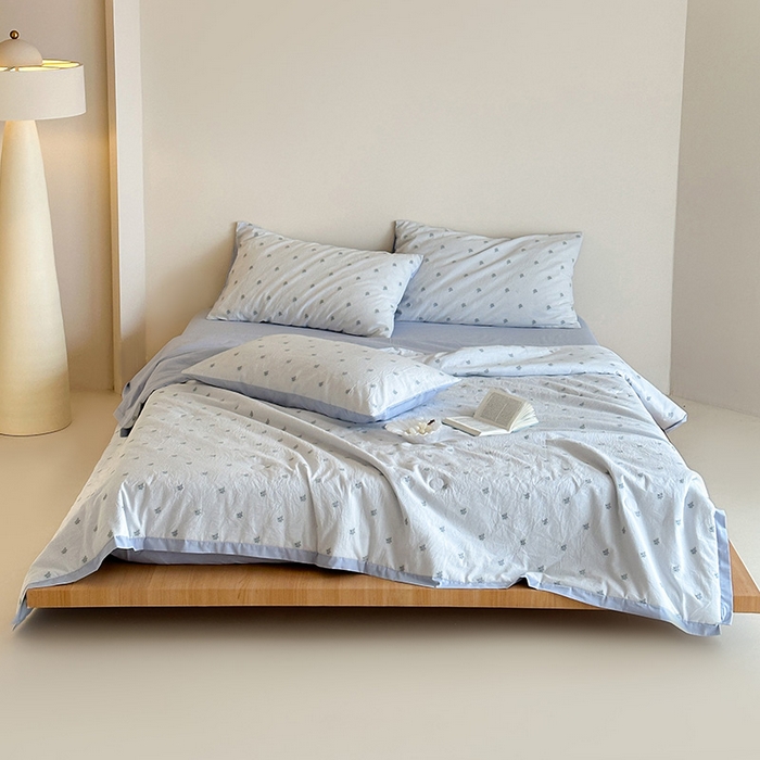 一加一 2026新款A类全棉水洗立体提花大豆夏被四件套-织光萌宠 棉织花-蓝