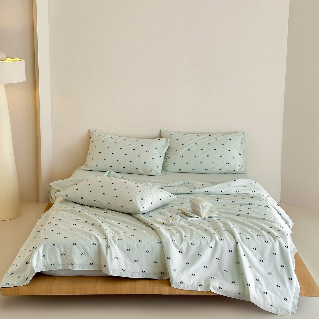 一加一 2026新款A类全棉水洗立体提花大豆夏被四件套-织光萌宠 棉织小狗-绿