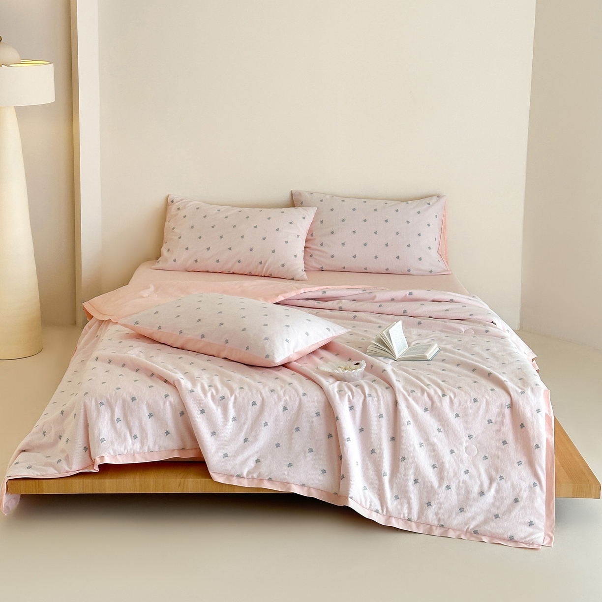 一加一 2026新款A类全棉水洗立体提花大豆夏被四件套-织光萌宠 棉织花-粉