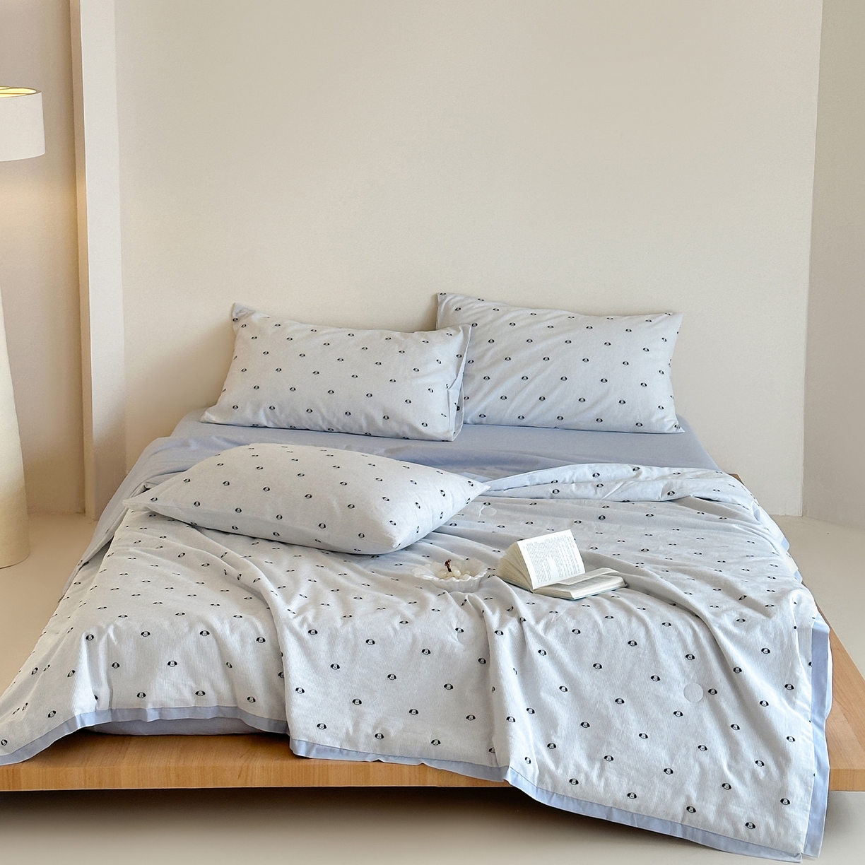 一加一 2026新款A类全棉水洗立体提花大豆夏被四件套-织光萌宠 棉织小狗-蓝