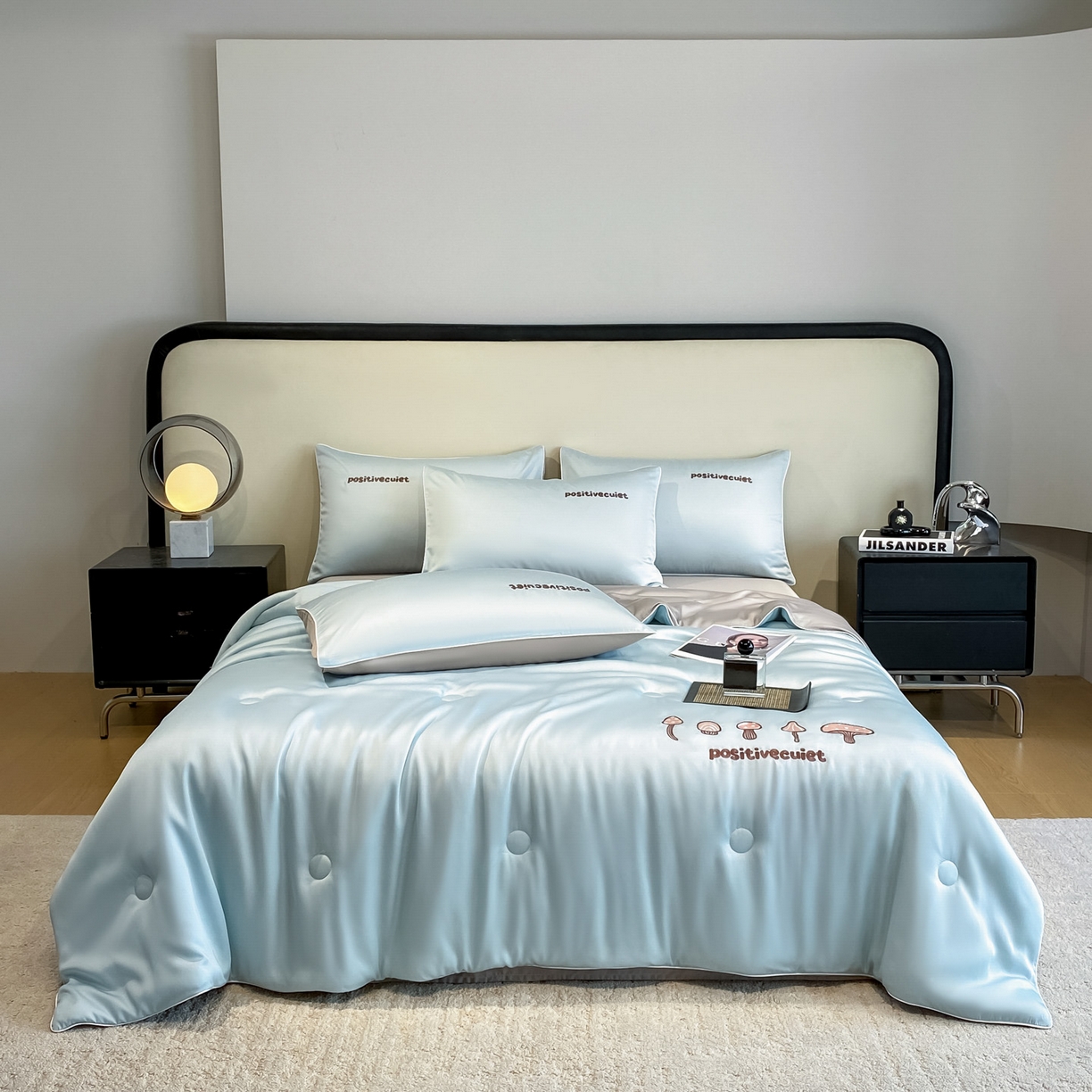 91家纺网 家纺一手货源 找家纺 云棉坊 2026新款水洗真丝滚边刺绣款-蘑菇系列 蘑菇-海盐兰+椰子灰