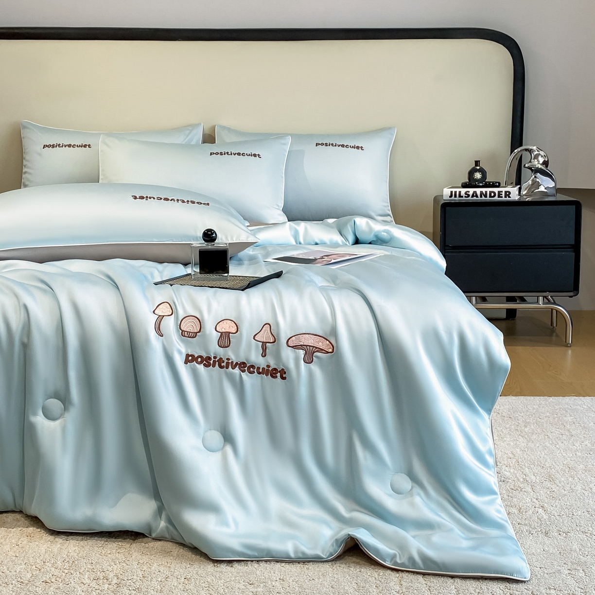 91家纺网 家纺一手货源 找家纺 云棉坊 2026新款水洗真丝滚边刺绣款-蘑菇系列 蘑菇-海盐兰+椰子灰