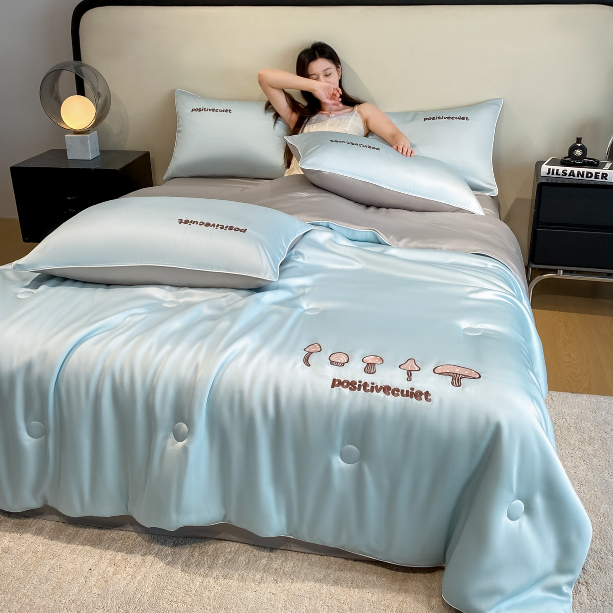 91家纺网 家纺一手货源 找家纺 云棉坊 2026新款水洗真丝滚边刺绣款-蘑菇系列 蘑菇-海盐兰+椰子灰