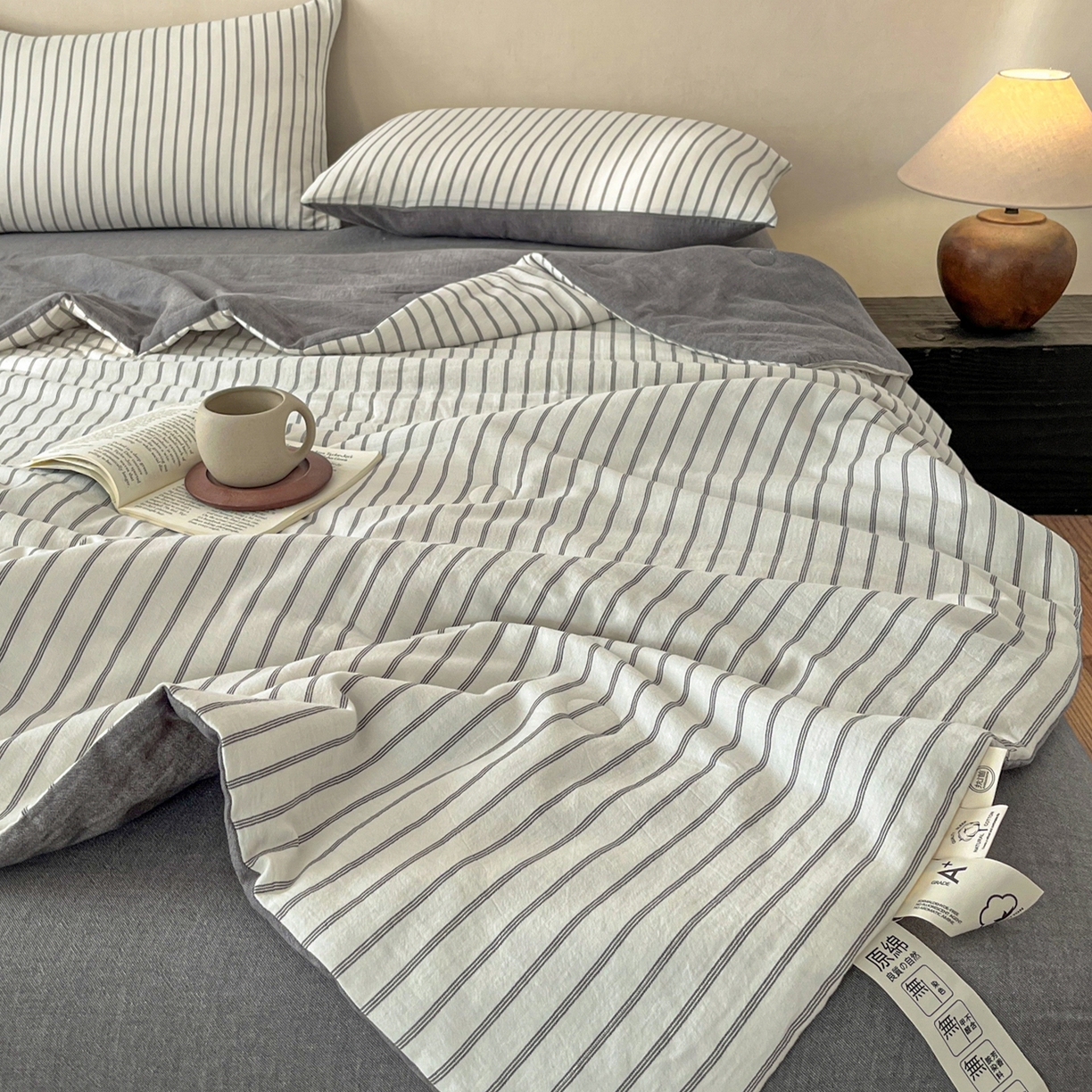 91家纺网 家纺一手货源 找家纺 一加一 2026新款全棉无印超柔水洗色织凉感夏被四件套-日式云柔 冬至白