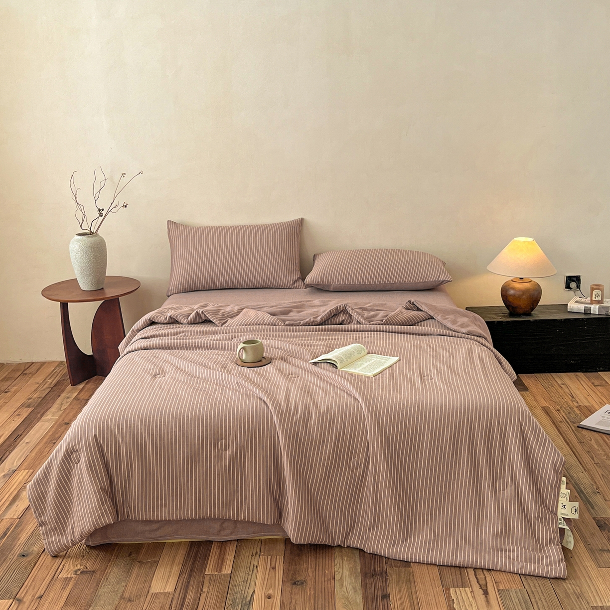一加一 2026新款全棉无印超柔水洗色织凉感夏被四件套-日式云柔 秋分咖