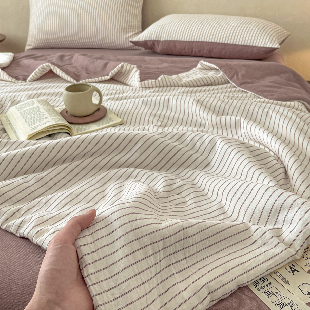 91家纺网 家纺一手货源 找家纺 一加一 2026新款全棉无印超柔水洗色织凉感夏被四件套-日式云柔 秋分白