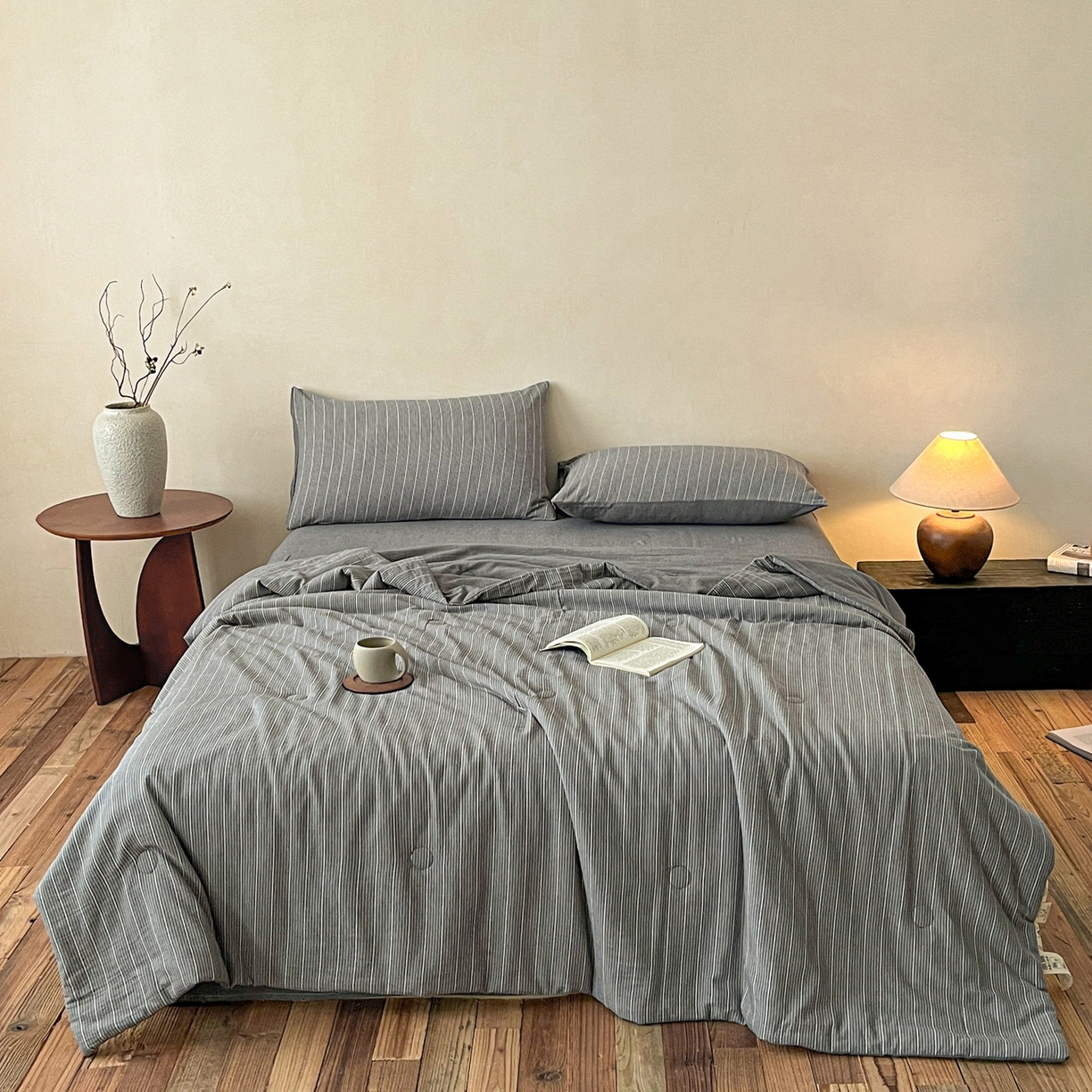 一加一 2026新款全棉无印超柔水洗色织凉感夏被四件套-日式云柔 小满灰