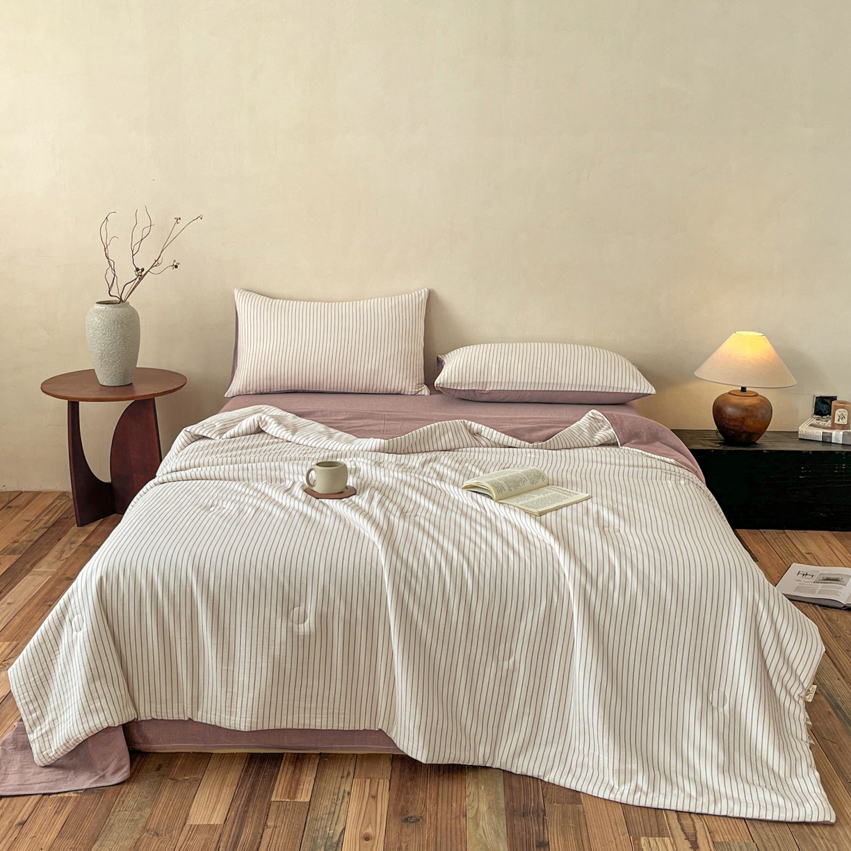 一加一 2026新款全棉无印超柔水洗色织凉感夏被四件套-日式云柔 秋分白