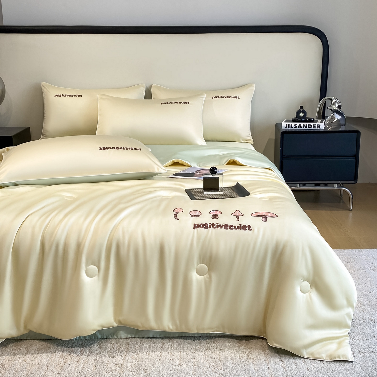 91家纺网 家纺一手货源 找家纺 云棉坊 2026新款水洗真丝滚边刺绣款-蘑菇系列 蘑菇-奶黄+水果清香