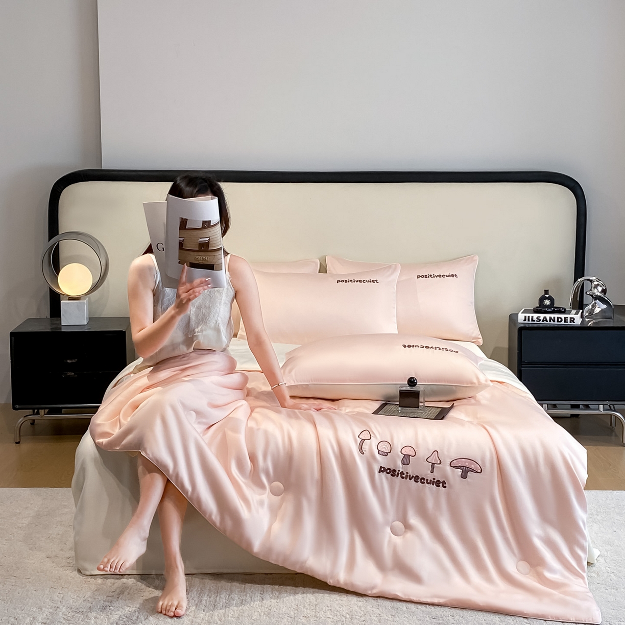 91家纺网 家纺一手货源 找家纺 云棉坊 2026新款水洗真丝滚边刺绣款-蘑菇系列 蘑菇-奶油粉+奶昔白