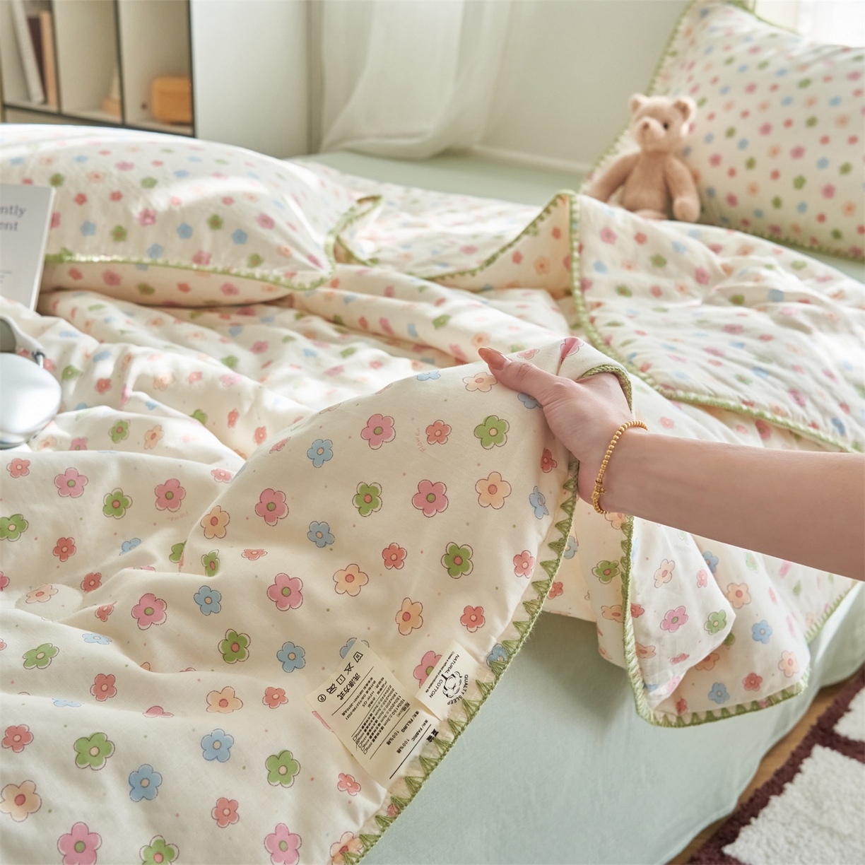 91家纺网 家纺一手货源 找家纺 恬思语家纺 2026春夏全棉双层纱棉花夏被空调被夏凉被四件套贝壳边系列 彩星芒