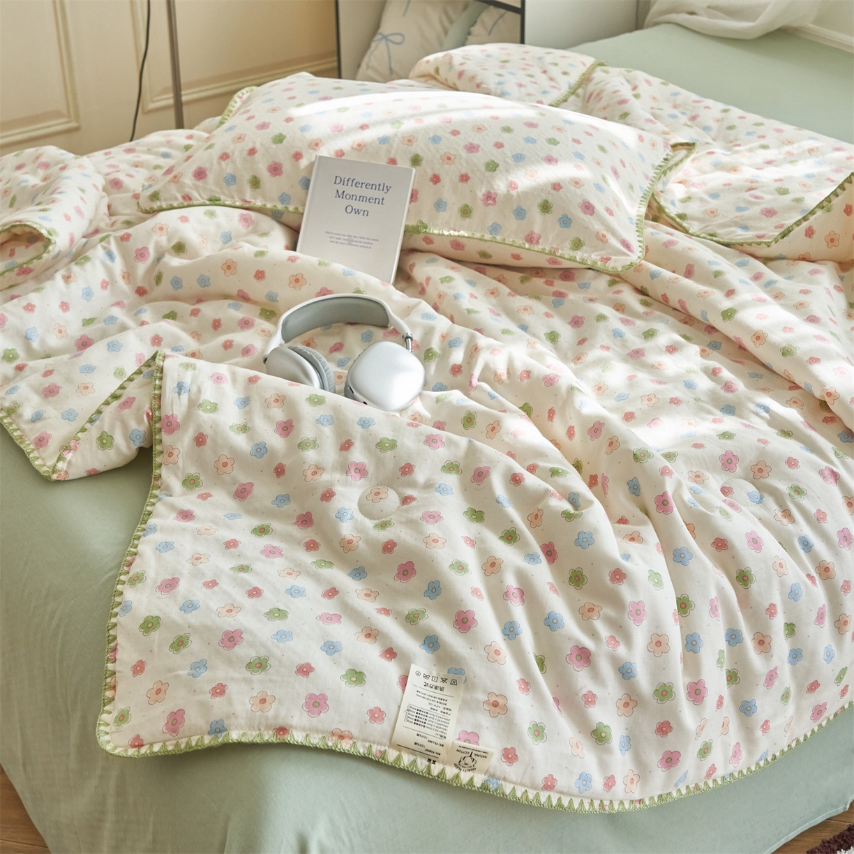 91家纺网 家纺一手货源 找家纺 恬思语家纺 2026春夏全棉双层纱棉花夏被空调被夏凉被四件套贝壳边系列 彩星芒