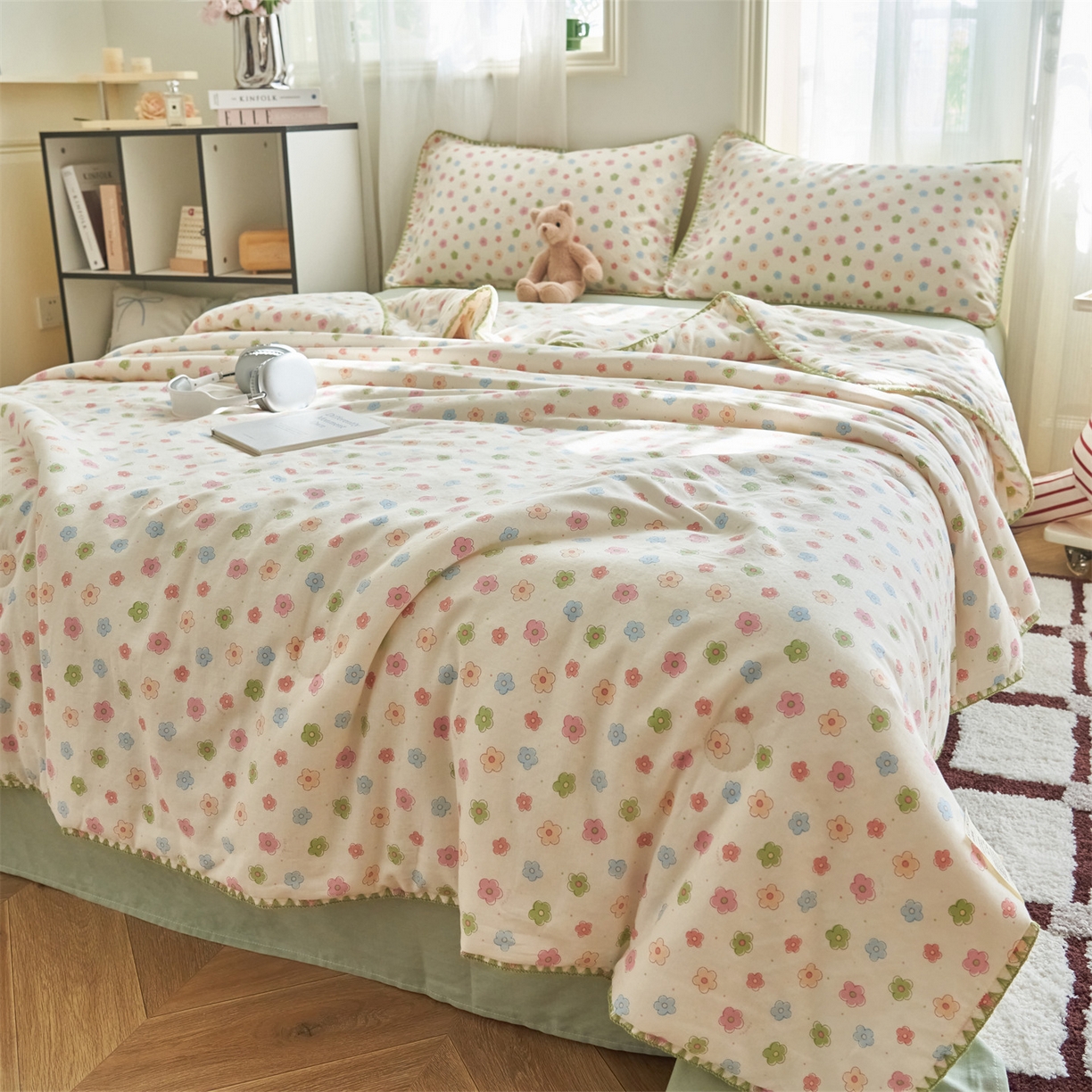 91家纺网 家纺一手货源 找家纺 恬思语家纺 2026春夏全棉双层纱棉花夏被空调被夏凉被四件套贝壳边系列 彩星芒