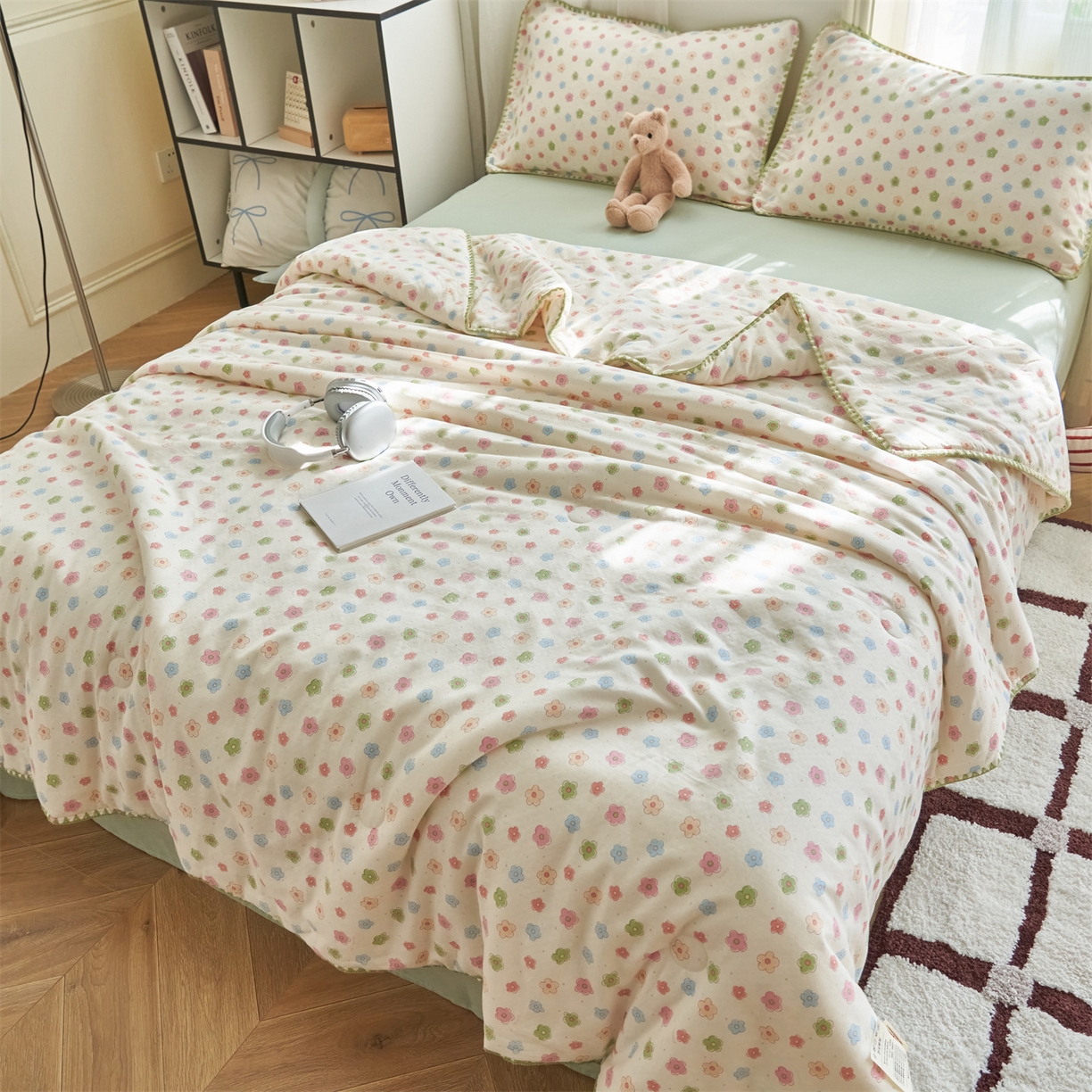 91家纺网 家纺一手货源 找家纺 恬思语家纺 2026春夏全棉双层纱棉花夏被空调被夏凉被四件套贝壳边系列 彩星芒