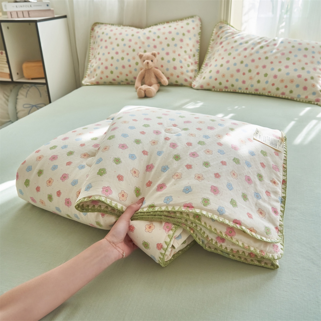 91家纺网 家纺一手货源 找家纺 恬思语家纺 2026春夏全棉双层纱棉花夏被空调被夏凉被四件套贝壳边系列 彩星芒