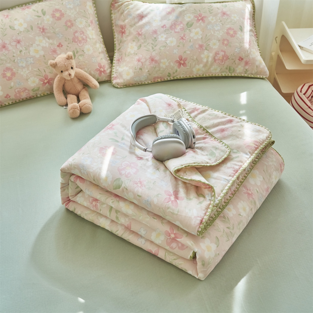 91家纺网 家纺一手货源 找家纺 恬思语家纺 2026春夏全棉双层纱棉花夏被空调被夏凉被四件套贝壳边系列 春晓-粉