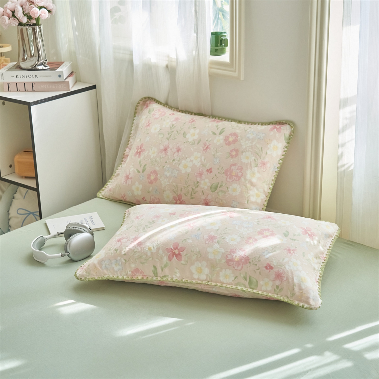 91家纺网 家纺一手货源 找家纺 恬思语家纺 2026春夏全棉双层纱棉花夏被空调被夏凉被四件套贝壳边系列 春晓-粉