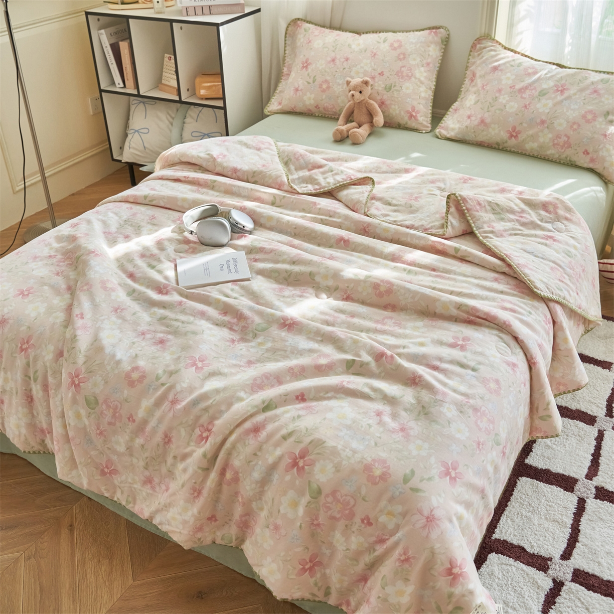 91家纺网 家纺一手货源 找家纺 恬思语家纺 2026春夏全棉双层纱棉花夏被空调被夏凉被四件套贝壳边系列 春晓-粉