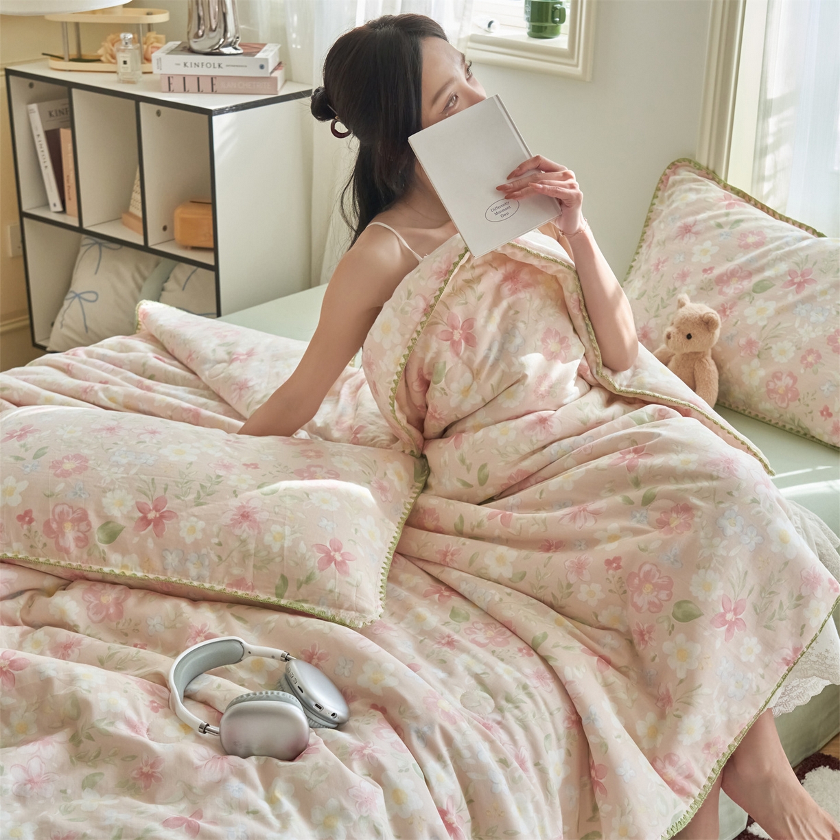 91家纺网 家纺一手货源 找家纺 恬思语家纺 2026春夏全棉双层纱棉花夏被空调被夏凉被四件套贝壳边系列 春晓-粉