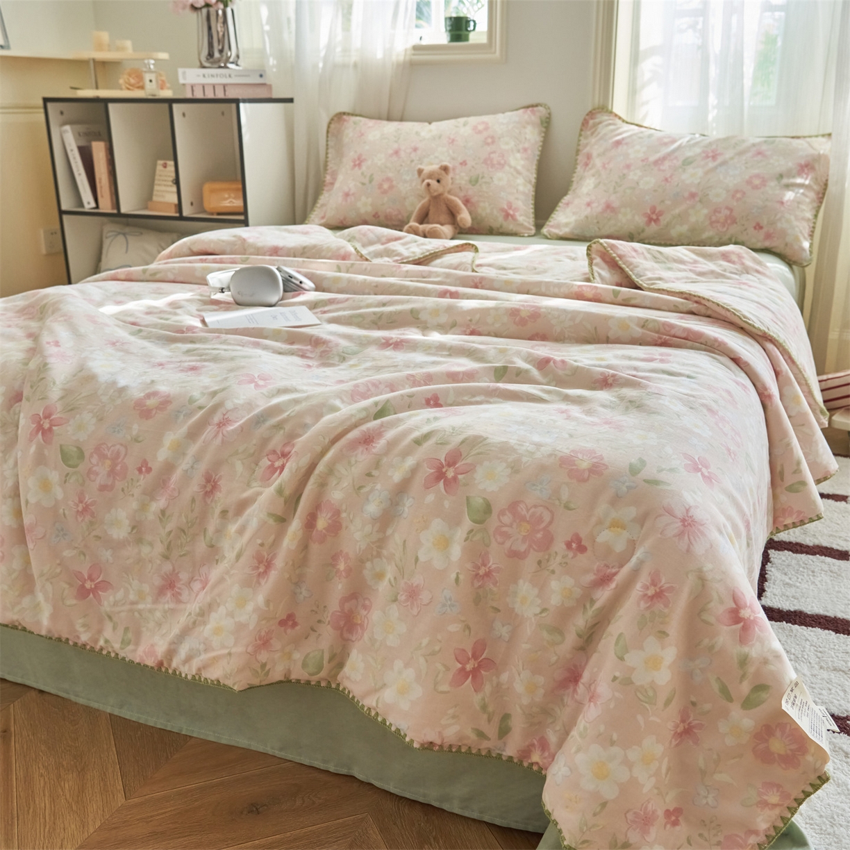 91家纺网 家纺一手货源 找家纺 恬思语家纺 2026春夏全棉双层纱棉花夏被空调被夏凉被四件套贝壳边系列 春晓-粉