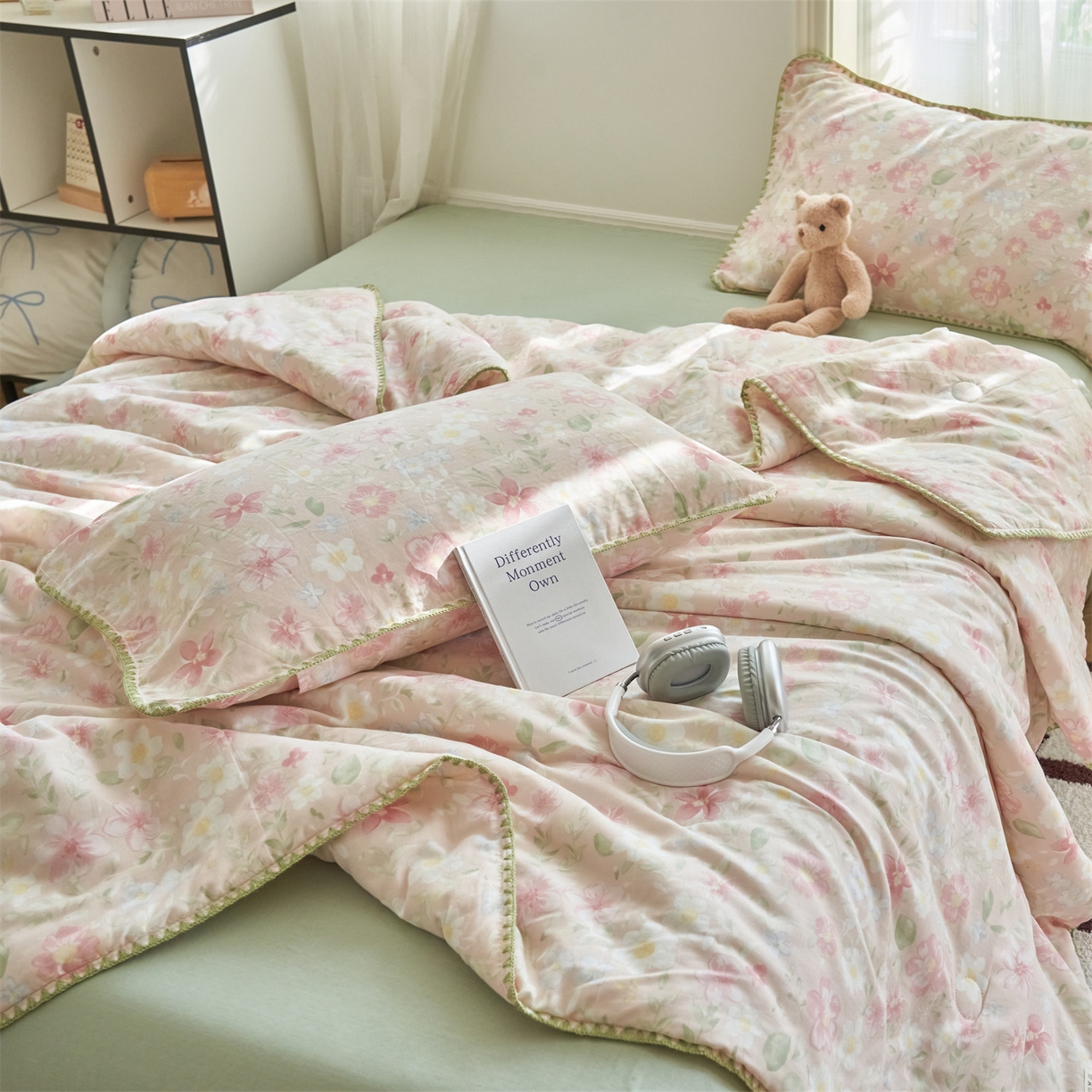 91家纺网 家纺一手货源 找家纺 恬思语家纺 2026春夏全棉双层纱棉花夏被空调被夏凉被四件套贝壳边系列 春晓-粉