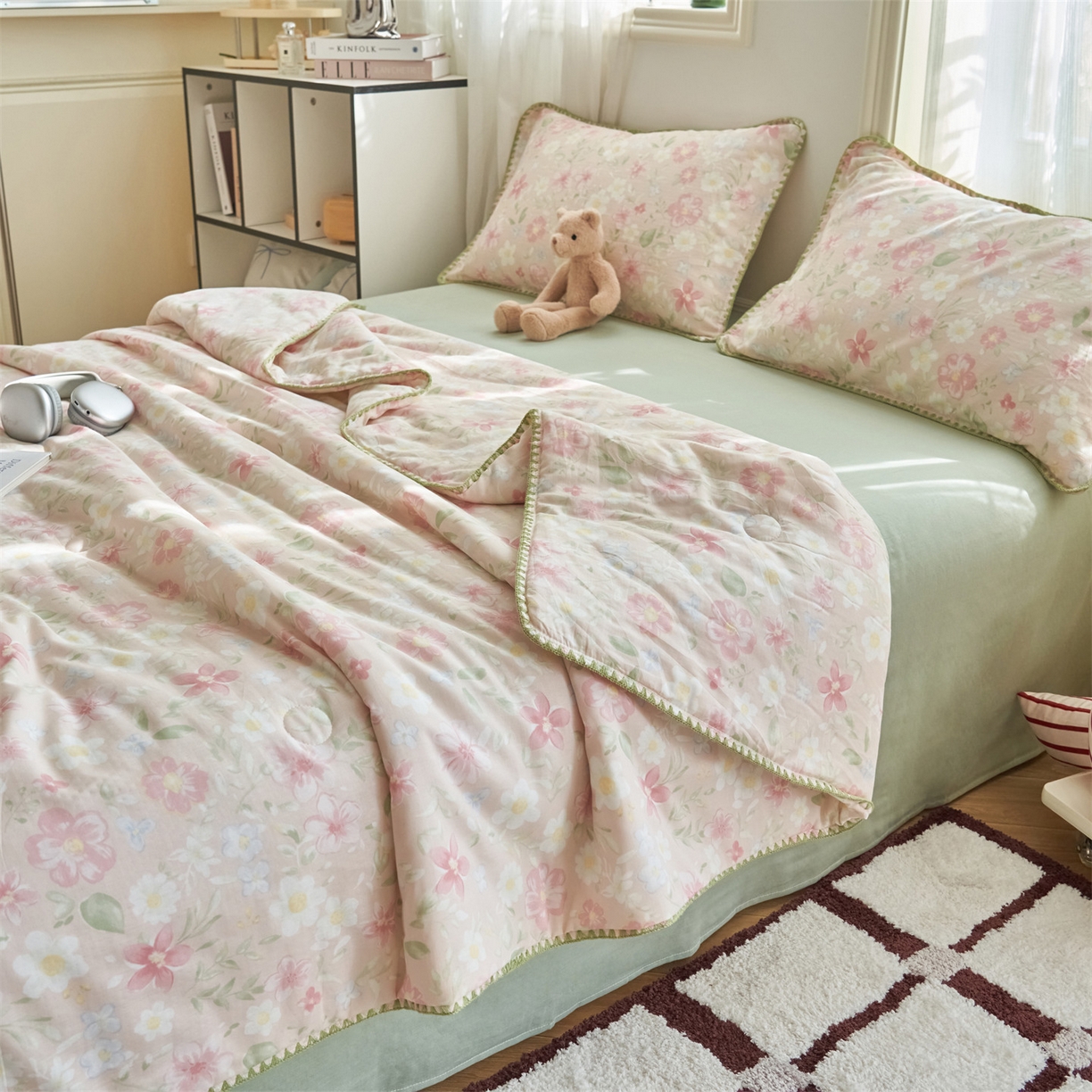 91家纺网 家纺一手货源 找家纺 恬思语家纺 2026春夏全棉双层纱棉花夏被空调被夏凉被四件套贝壳边系列 春晓-粉