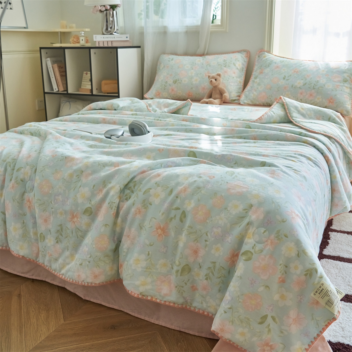 91家纺网 家纺一手货源 找家纺 恬思语家纺 2026春夏全棉双层纱棉花夏被空调被夏凉被四件套贝壳边系列 春晓-绿