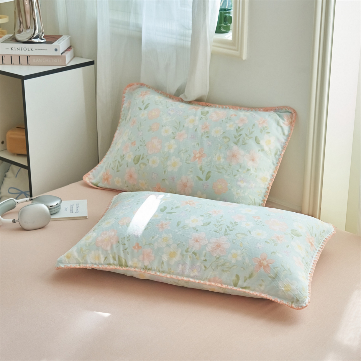 91家纺网 家纺一手货源 找家纺 恬思语家纺 2026春夏全棉双层纱棉花夏被空调被夏凉被四件套贝壳边系列 春晓-绿