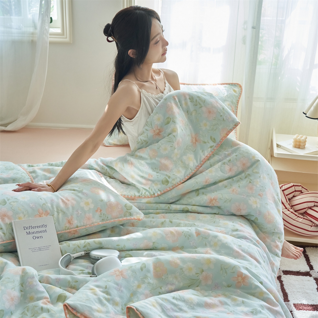 91家纺网 家纺一手货源 找家纺 恬思语家纺 2026春夏全棉双层纱棉花夏被空调被夏凉被四件套贝壳边系列 春晓-绿