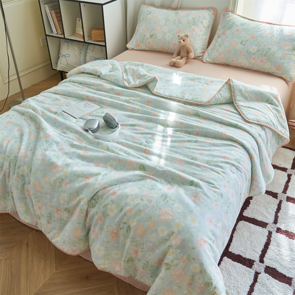 91家纺网 家纺一手货源 找家纺 恬思语家纺 2026春夏全棉双层纱棉花夏被空调被夏凉被四件套贝壳边系列 春晓-绿