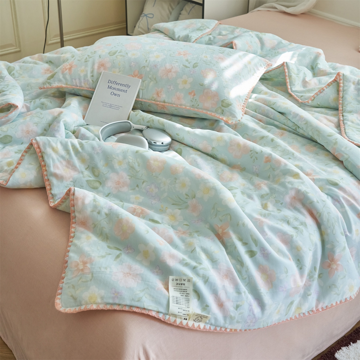 91家纺网 家纺一手货源 找家纺 恬思语家纺 2026春夏全棉双层纱棉花夏被空调被夏凉被四件套贝壳边系列 春晓-绿