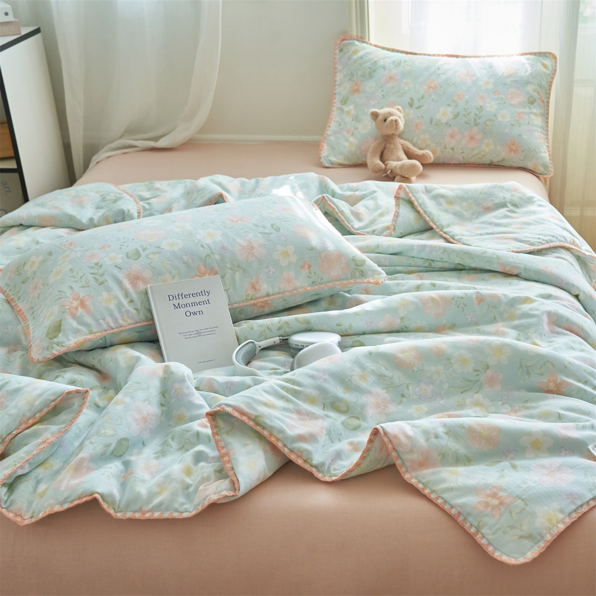 91家纺网 家纺一手货源 找家纺 恬思语家纺 2026春夏全棉双层纱棉花夏被空调被夏凉被四件套贝壳边系列 春晓-绿