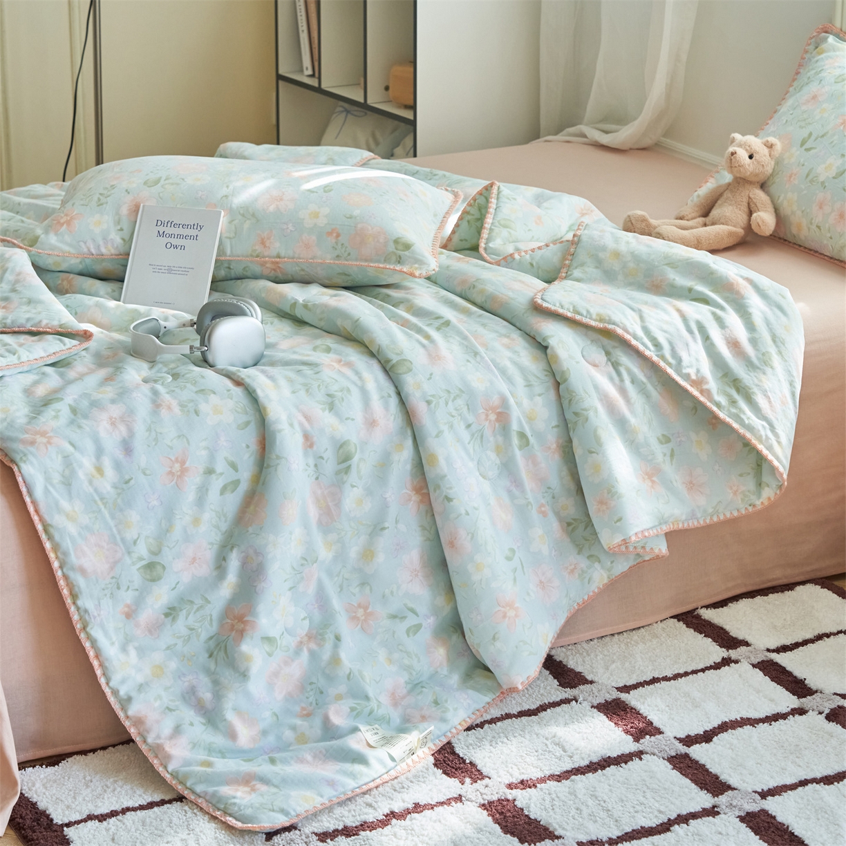 91家纺网 家纺一手货源 找家纺 恬思语家纺 2026春夏全棉双层纱棉花夏被空调被夏凉被四件套贝壳边系列 春晓-绿