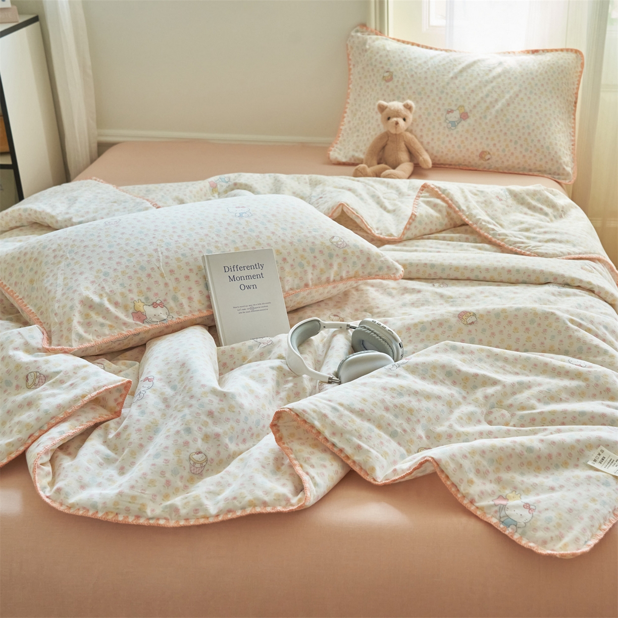 91家纺网 家纺一手货源 找家纺 恬思语家纺 2026春夏全棉双层纱棉花夏被空调被夏凉被四件套贝壳边系列 粉粉猫