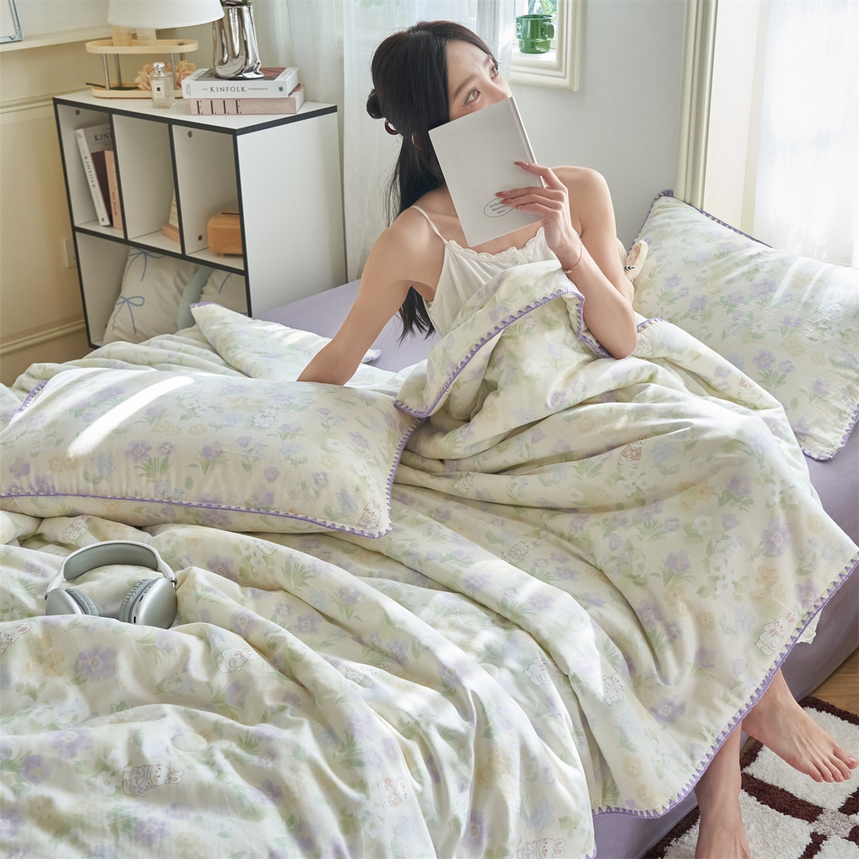 91家纺网 家纺一手货源 找家纺 恬思语家纺 2026春夏全棉双层纱棉花夏被空调被夏凉被四件套贝壳边系列 花从兔-紫