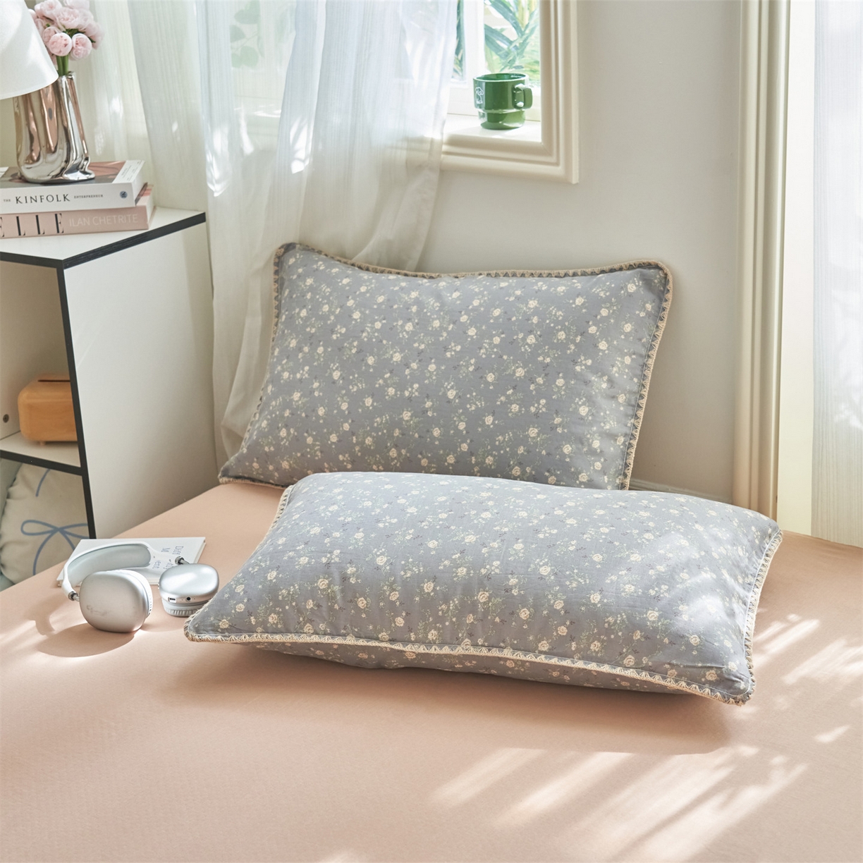 91家纺网 家纺一手货源 找家纺 恬思语家纺 2026春夏全棉双层纱棉花夏被空调被夏凉被四件套贝壳边系列 蓝汐-灰