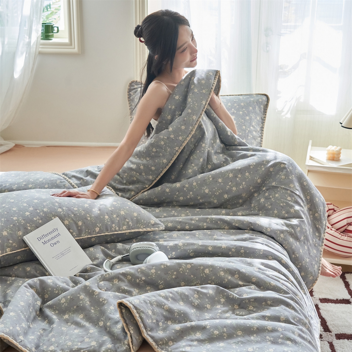 91家纺网 家纺一手货源 找家纺 恬思语家纺 2026春夏全棉双层纱棉花夏被空调被夏凉被四件套贝壳边系列 蓝汐-灰