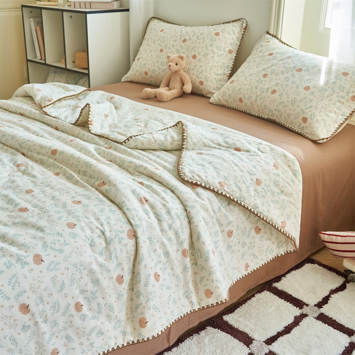 91家纺网 家纺一手货源 找家纺 恬思语家纺 2026春夏全棉双层纱棉花夏被空调被夏凉被四件套贝壳边系列 南瓜派对