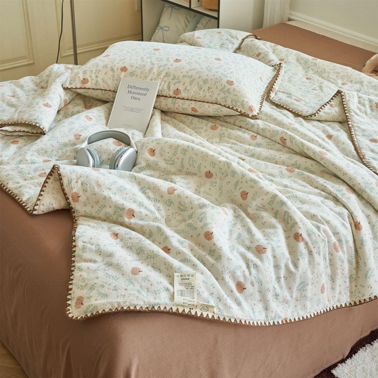 91家纺网 家纺一手货源 找家纺 恬思语家纺 2026春夏全棉双层纱棉花夏被空调被夏凉被四件套贝壳边系列 南瓜派对