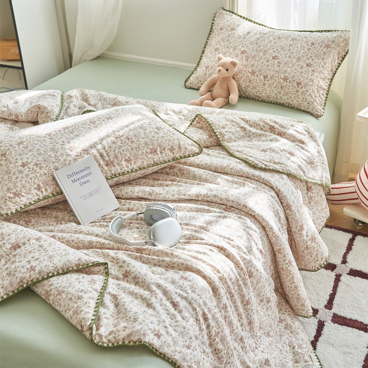 91家纺网 家纺一手货源 找家纺 恬思语家纺 2026春夏全棉双层纱棉花夏被空调被夏凉被四件套贝壳边系列 浅花町