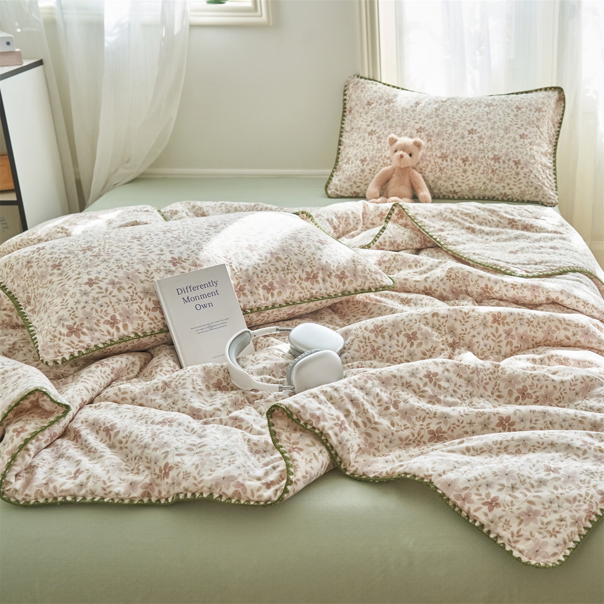 91家纺网 家纺一手货源 找家纺 恬思语家纺 2026春夏全棉双层纱棉花夏被空调被夏凉被四件套贝壳边系列 浅花町